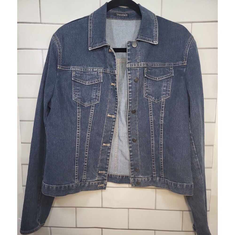 Tahari Womens Sz Medium Denim Jean Jacket Cropped Business Work Casual Outdoor